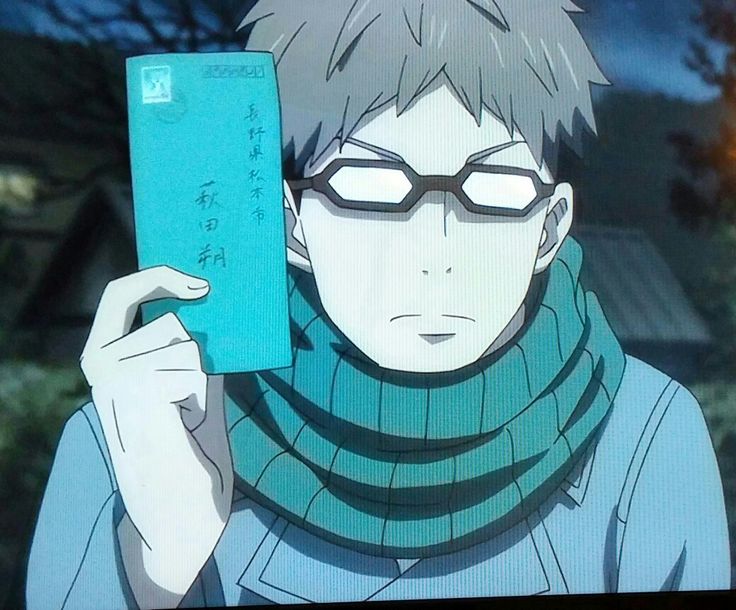 a young male anime character with brown hair is wearing a light blue jacket and a green scarf. he is holding a blue envelope and looking towards the left of the frame with a serious expression. the background is out of focus, but it looks like he might be indoors.