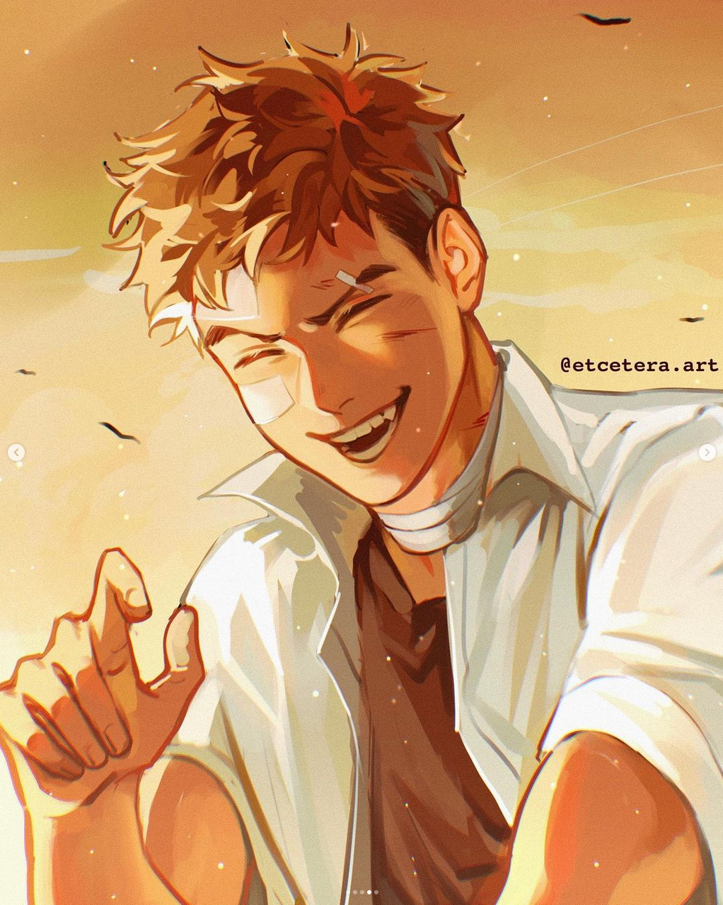 the image shows a young man with short brown hair and bandages on his face and arm. he's wearing a white shirt over a dark undershirt and he's smiling and pointing at the viewer. the background is a warm yelloworange, suggesting a sunset or sunrise. the overall tone of the image is joyful and energetic.