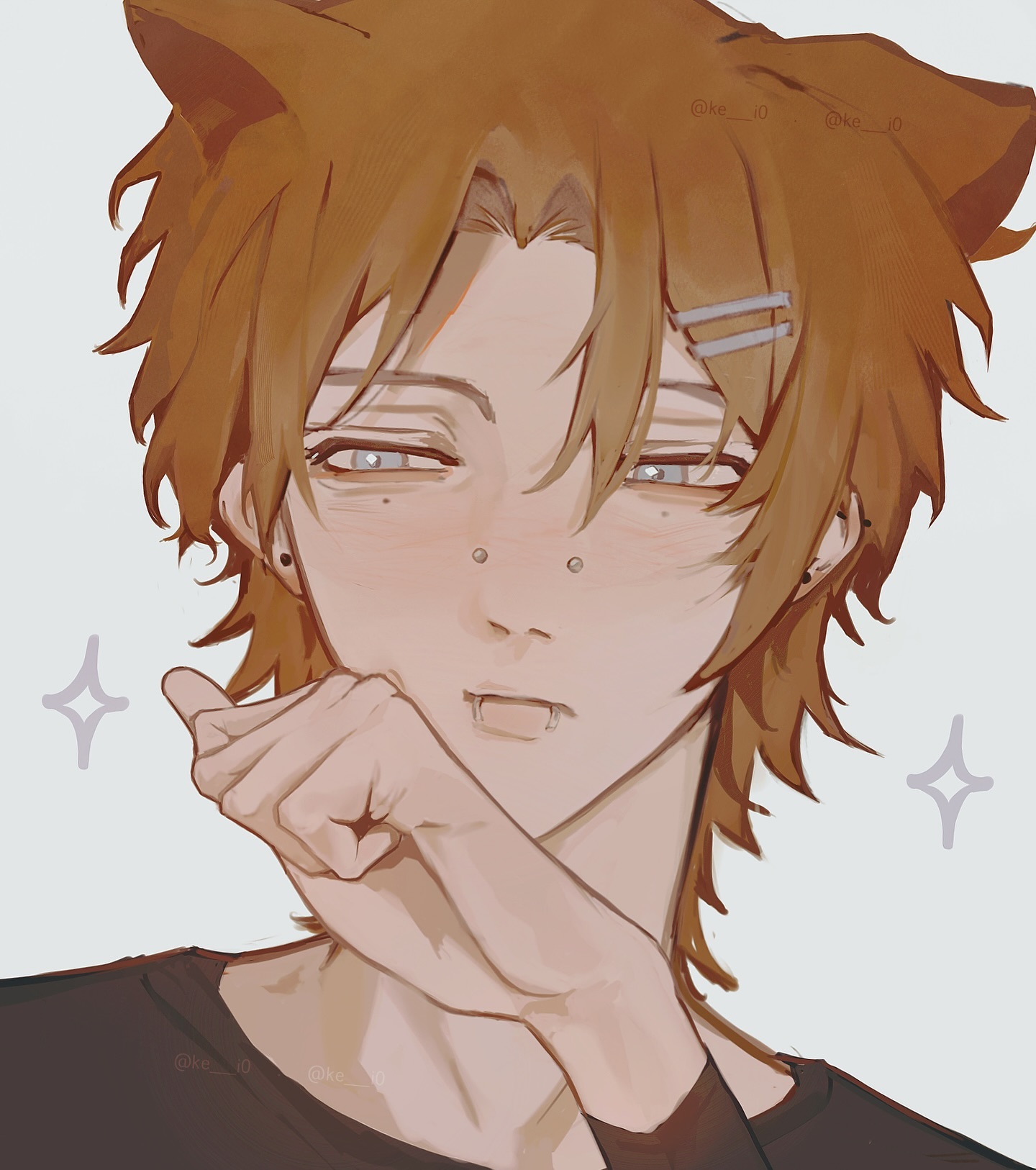 this is a digital illustration of an anime boy with cat ears. he has brown hair, brown eyes, and is wearing a black shirt. he's smiling and winking at the viewer.  there is a light pink blush on his cheeks, he has a cute and adorable look. his cat ears are perky and cute. he is making a heart shape with his hands.  the illustration is done in a cute and colorful style.