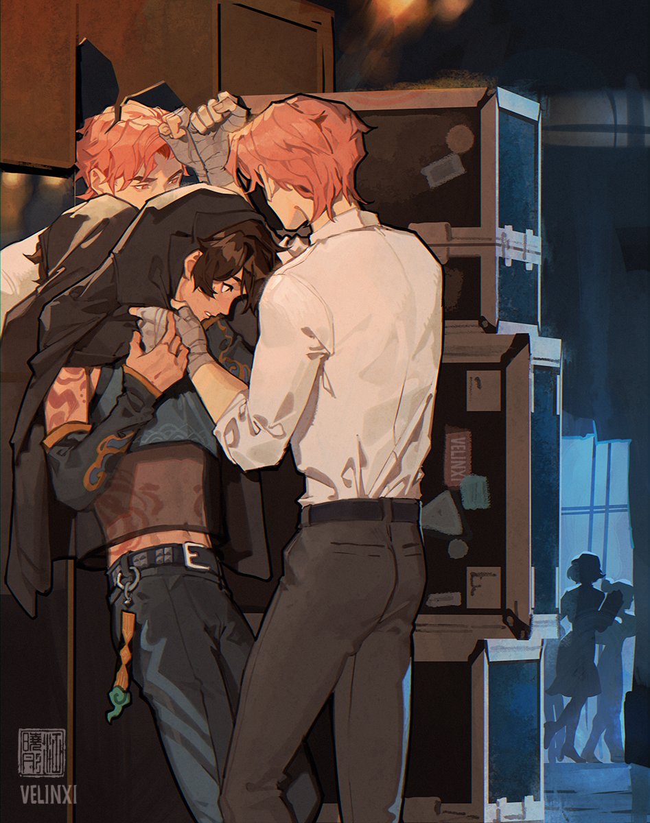 the image shows an animated romantic embrace between two men. one man has fair skin and red hair and wears a white, longsleeved shirt and dark pants, while the other man wears dark pants and a vest with gold ornamentation. he also has wrapped fists. there are two other men to the right who are embracing.
