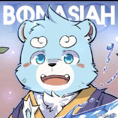 the image is a cartoon drawing of a blue and white bear wearing a yellow and white robe. the bear has big blue eyes, a small black nose, and a big smile. the bear is surrounded by blue and white water splashes. the word "bomasiah" is written in large, bold letters above the bear's head. the overall tone of the image is cute and whimsical.
