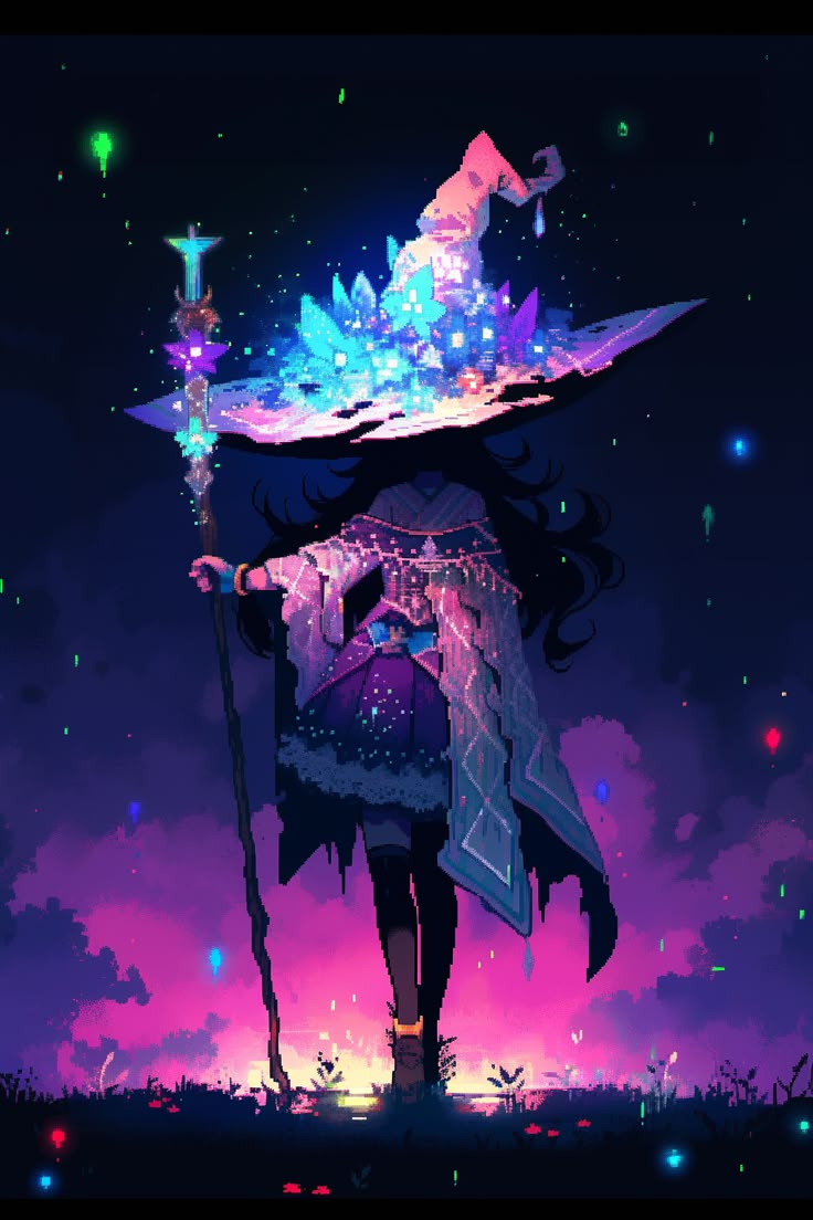 an anime girl dressed as a witch stands in a field at night. she wears a large hat adorned with glowing crystals and holds a magic staff. the scene is rendered in a pixel art style with vibrant, magical lighting.