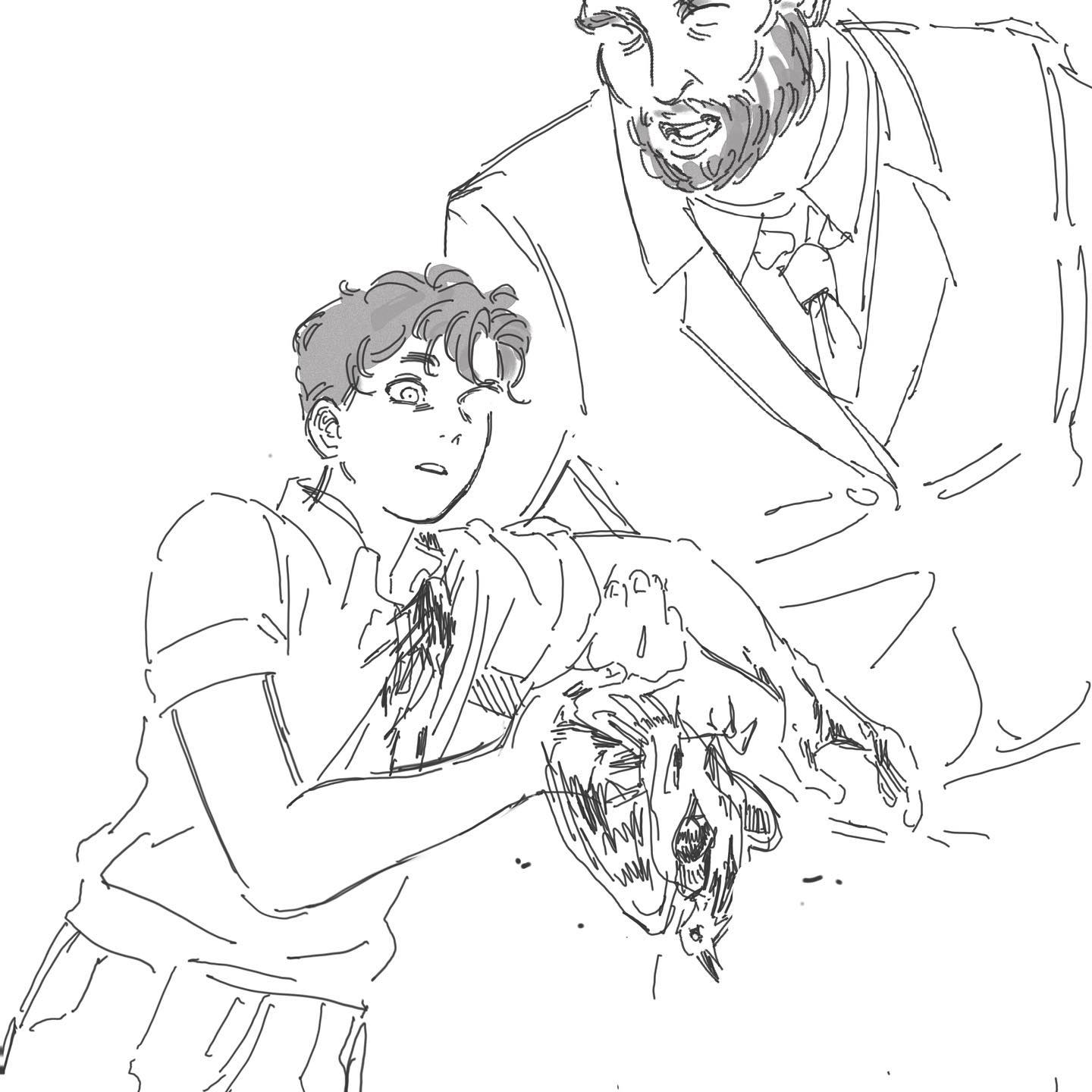 the image is a black and white sketch showing a large man looming over a young boy. the man appears to be shouting aggressively at the boy, who is clutching a small, mangled object in his hands. the boy's expression is one of fear and distress. the sketch style and the power dynamic depicted suggest a disturbing or violent scene.