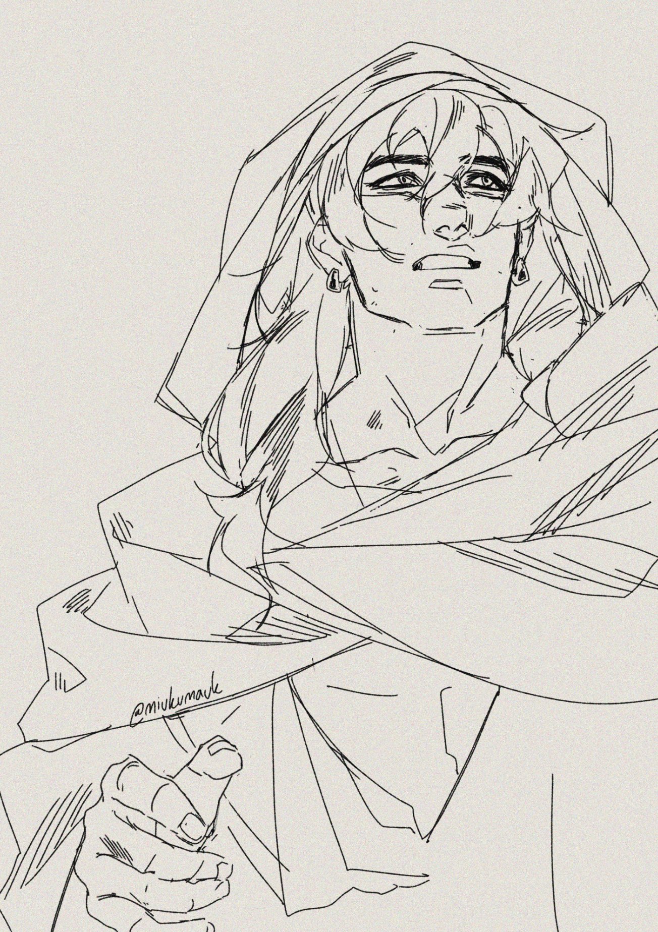 this is a line art drawing of a male figure with long hair and a hooded cloak, with his face looking upwards and with his mouth slightly open. it appears to be a stylized and expressive representation of a character from anime or manga. the lines are confident and expressive, capturing the emotion of the subject.