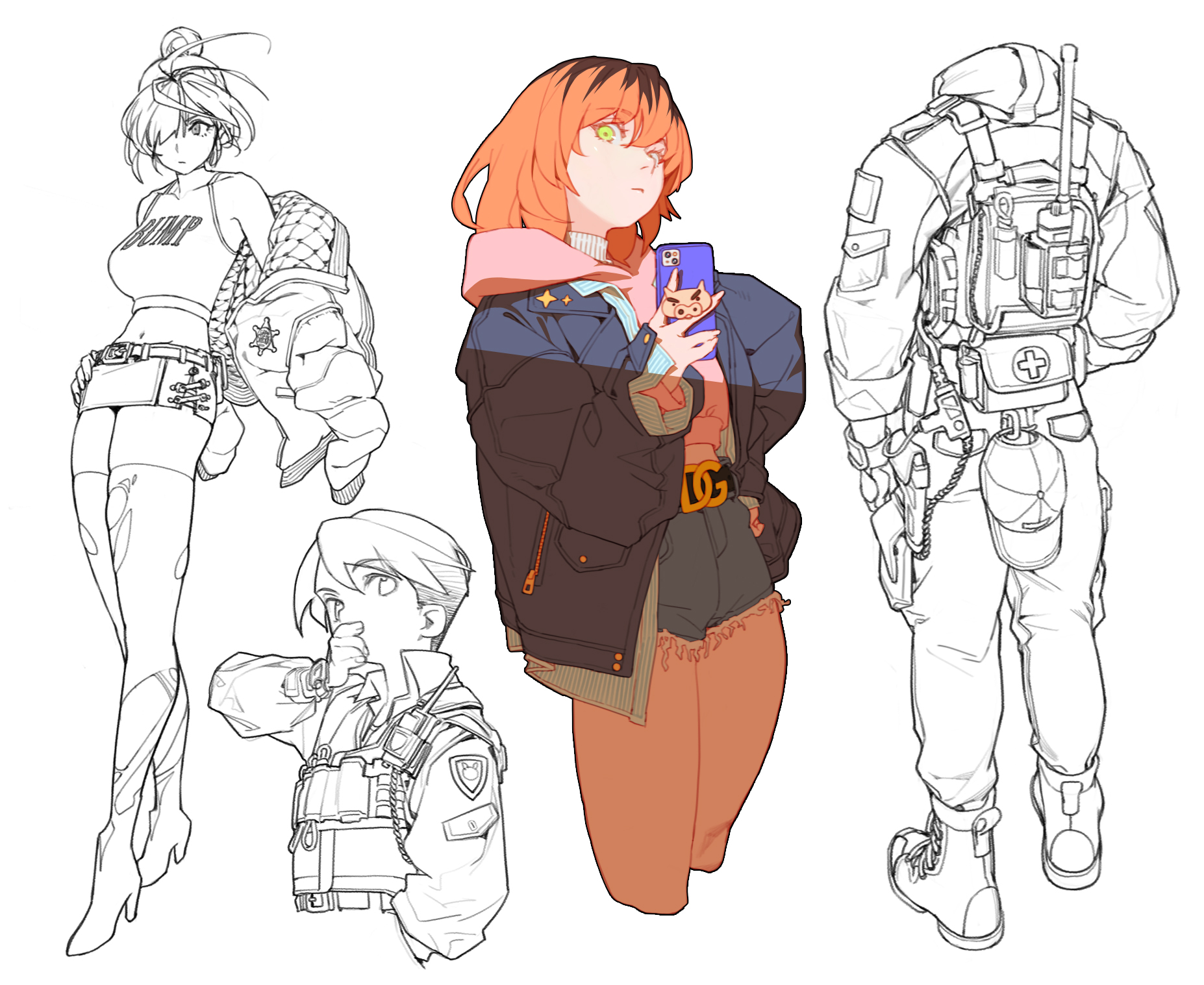 the image shows a character concept art sheet with four characters in an anime style. one character is a woman in a tank top and short shorts with tactical gear, another is a girl with orange hair wearing a jacket and taking a picture with her phone, one is a man wearing a vest, and one is a person from the back wearing tactical gear.