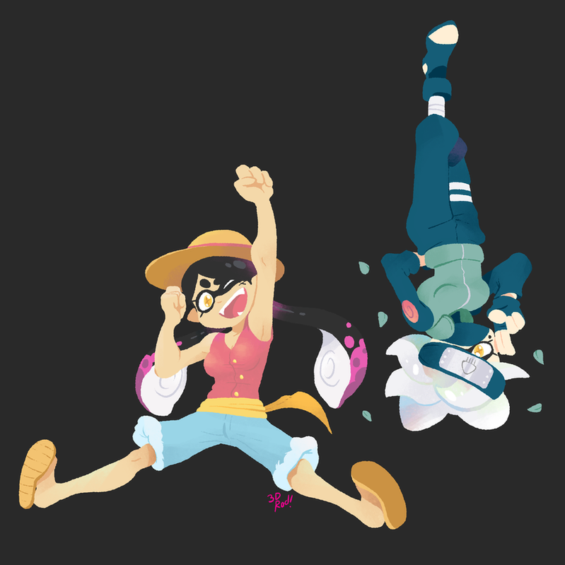 the image depicts two female characters from the video game series splatoon. the character on the left, marie, is dressed in a red tank top, blue shorts and a straw hat. she is jumping with her arms raised and smiling. the character on the right, callie, is wearing a green ninja outfit with a white headband and a blue shirt. she is standing upside down with her arms by her sides. the background is black.