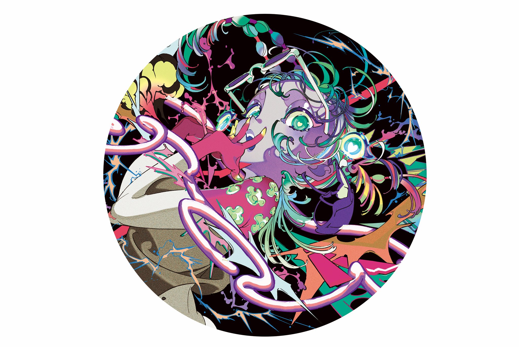 the image is a vibrant and psychedelic illustration of a woman with green hair and purple skin. she is wearing a colorful outfit and has large, expressive eyes. she is surrounded by abstract shapes and neon lights, creating a futuristic and cyberpunk feel. the image is full of energy and movement, and the woman's pose suggests that she is confident and powerful.