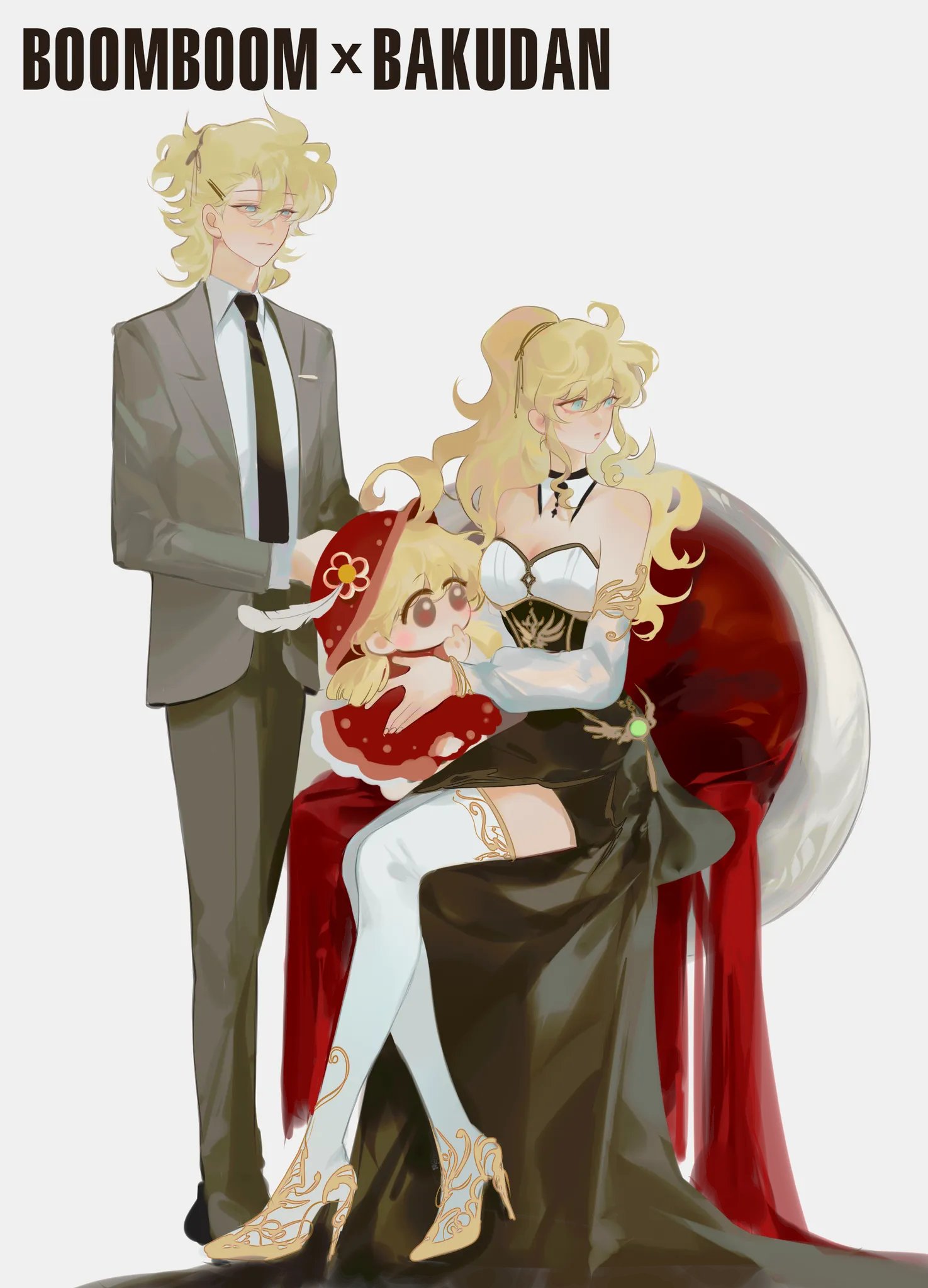 this digital painting depicts an animestyle family portrait.  a man in a grey suit stands beside a woman in an elegant, darkcolored gown with gold detailing. the woman holds a small child, dressed in red, on her lap. the woman and child have blonde hair, while the man has lighter blonde hair. the family is seated on a large, ornate chair with red and gold accents. a partially visible moon is in the background. the art style is soft and painterly, with a focus on elegant details and soft color palettes. the title "boomboom x bakudan" is displayed at the top.