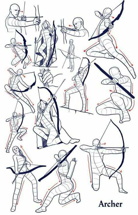 this image is a guide for drawing archers in different poses. it shows the different angles and positions of the body and the bow and arrow. the drawing is simple and clear, making it easy to follow. the different poses can be used as inspiration for your own drawings.