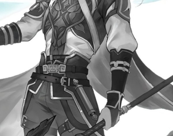 this is a black and white digital drawing of a warrior, possibly a knight. he has a long sword and is in a fighting pose. he is wearing armor, a cape, and a helmet. he is a fantasy character. the drawing style is anime.