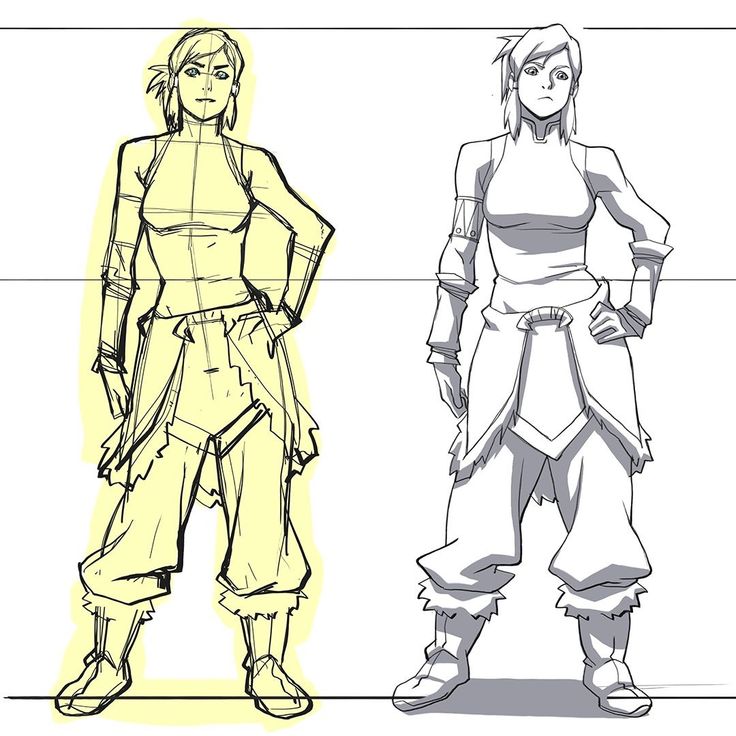 a drawing of an anime girl standing with her hands on her hips. the left image is a line art sketch that is colored yellow, the right image is a line art sketch that is black and white.  the two images are side by side. the girl is drawn in a pose commonly seen in anime and manga and is wearing a warriorlike outfit.