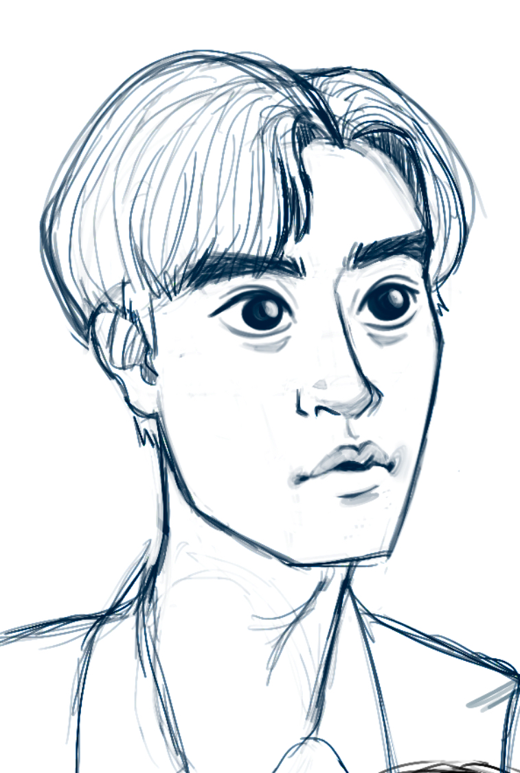 this is a black and white sketch of a young man's face and shoulders. the drawing style is line art, using thin blue lines on a white background. the man is looking slightly to the right of the viewer. he has short hair parted to the side, large eyes, and a neutral expression. he appears to be wearing a collared shirt or jacket.