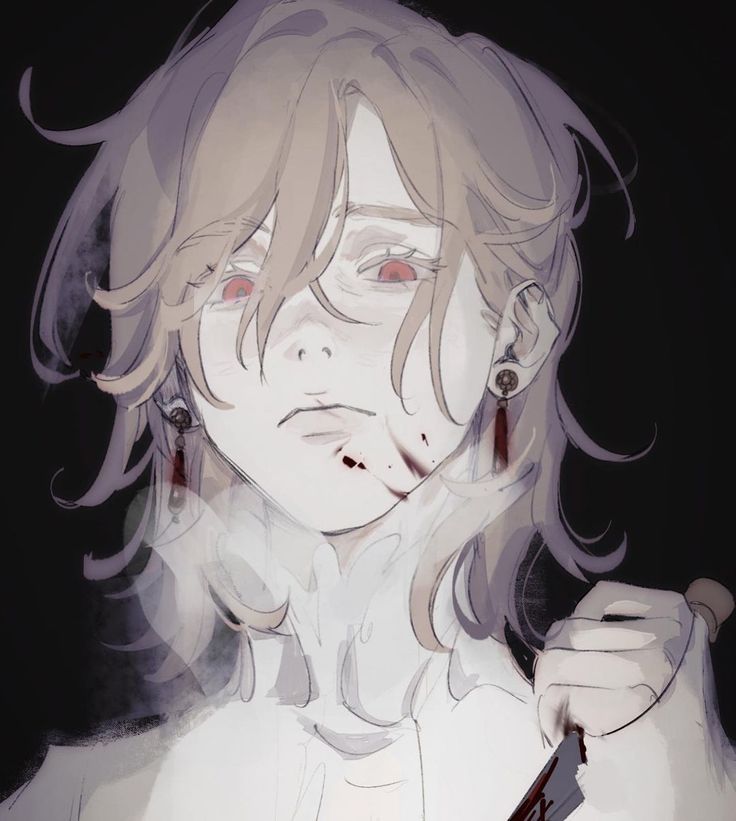 the image is a digital drawing or painting in an anime/manga style. it depicts a paleskinned young man with long, light brown or beige hair that partially obscures his face.  he has red eyes and visible bloodstains on his face and neck, suggesting a recent injury.  he appears to be holding a knife in his hand. the overall mood is dark, mysterious, and melancholic. the art style is somewhat stylized, with soft lines and shading, creating a slightly dreamy or ethereal quality despite the violent imagery. the background is a simple, dark, undefined space that focuses attention on the character. the character wears simple, lightcolored clothing and dangling earrings.