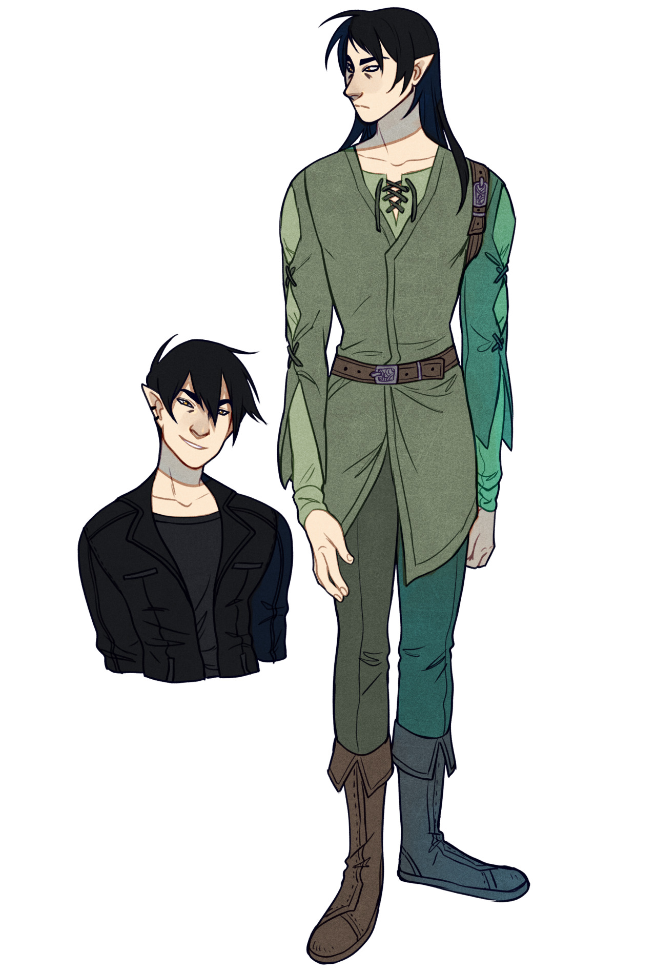 this image is a digital illustration of a male elf character design concept. it shows the character in two poses: a fullbody front view in a fantasy inspired outfit, and a bustup 3/4 view in more modern clothing. the character has dark hair, pointed ears, and a neutral expression. the background is a plain white.