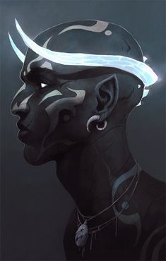 a man with dark gray skin, glowing blue horns, and tribal tattoos. he is shown from the shoulders up in profile. the background is dark and the lighting is dramatic.