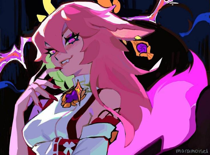 the image is a vibrant digital fanart depicting a stylized animestyle female character. she possesses long, bright pink hair with small horns, suggesting a demonic or fantastical element.  her attire is a mix of white and red, suggestive of a stylized kimono or similar garment, adorned with purple and orange accents. the character has a mischievous smirk and sharp claws, emphasizing a potentially seductive or powerful persona. the background is dark, providing a contrast to the character's bright and colorful appearance. the art style leans toward a modern, alternative approach, using bold colors and shapes. the overall mood is one of dark fantasy and intrigue, with a hint of mischievousness or playfulness.  the style and character strongly resemble raiden shogun from genshin impact.