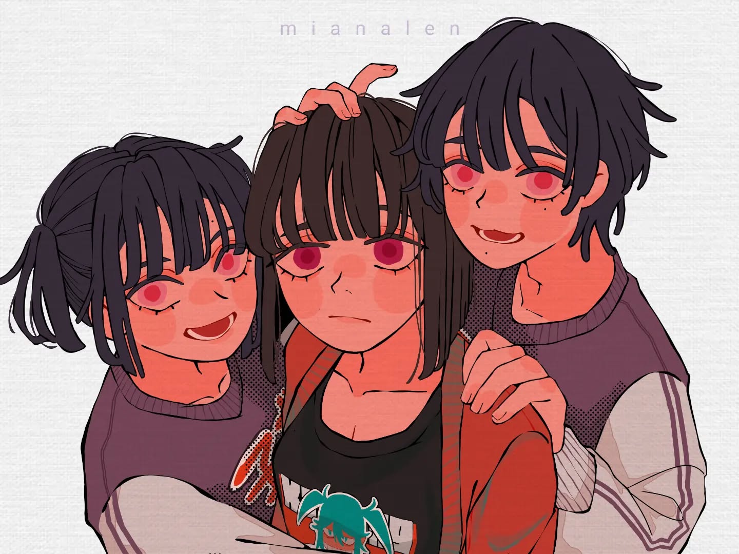 the image is a digital drawing in an anime/manga style depicting three young women with dark hair and red eyes.  they are closely huddled together, displaying affection and intimacy.  the color palette is predominantly red and pink, with hints of purple and white in their clothing. the style is reminiscent of pastel goth or a similar aesthetic.  one girl is positioned in the center, with the other two flanking her, one on each side. the overall mood is friendly and affectionate. the artist's signature "mianaien" is visible at the top.