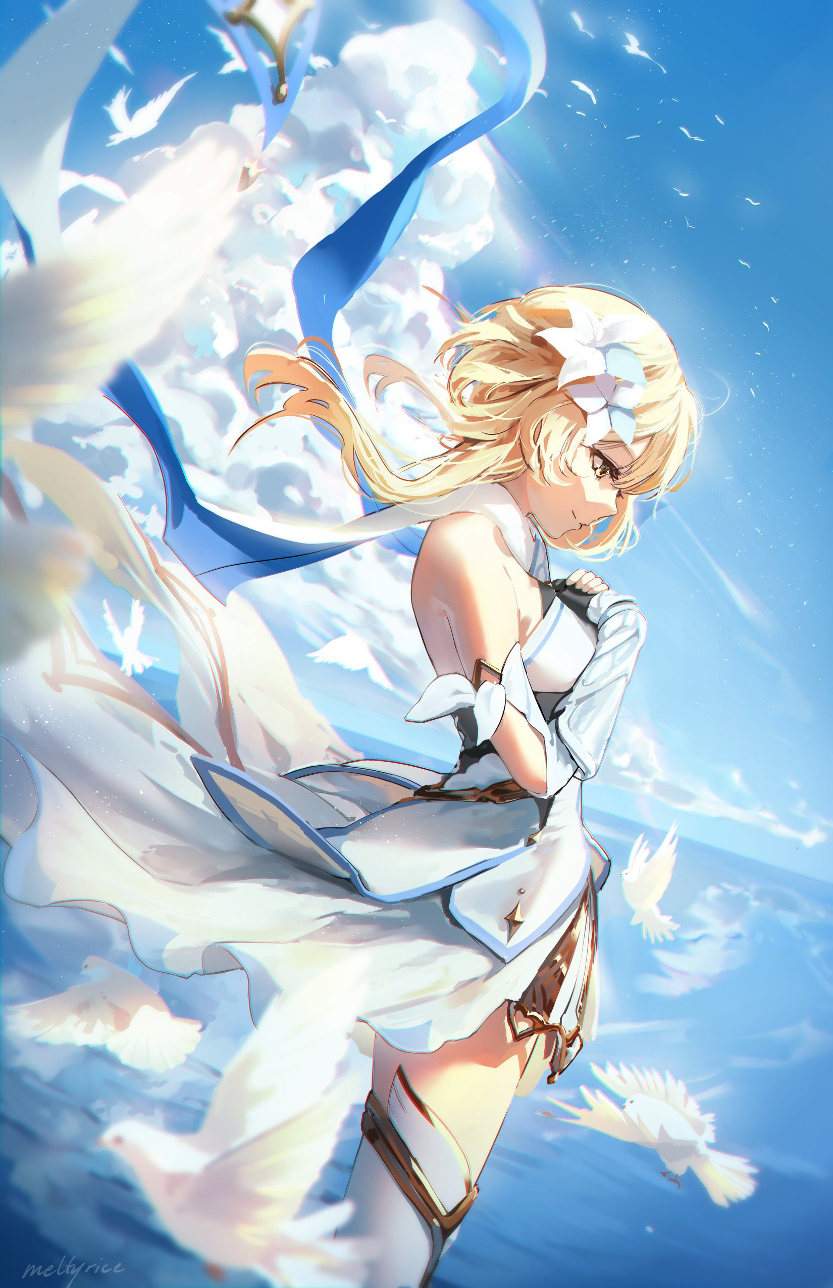 the image features a young anime girl with long blonde hair, dressed in a flowing white dress with blue accents. she stands amidst a flock of white doves, against a backdrop of a vibrant blue sky filled with fluffy white clouds. the ocean can be seen below, suggesting she is standing at a significant height. the overall lighting is soft and natural, creating a serene and ethereal atmosphere. the low angle perspective enhances the feeling of her rising towards the sky, surrounded by doves, adding to the image's dreamy quality.