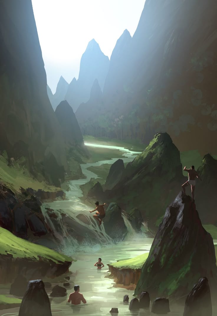 the image depicts a lush, mountainous valley with a flowing river. several people are enjoying the water, swimming and jumping from rocks. the landscape is vibrant with green vegetation and towering cliffs. sunlight filters through the mountains, creating a sense of adventure and serenity.