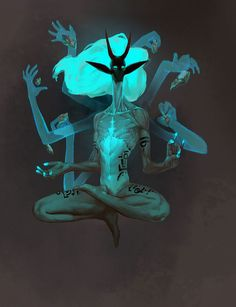 a tealskinned, thin figure with a black mask featuring prominent horns floats in a meditative pose. the being has multiple arms, some appearing more ethereal than others. tattoos or markings adorn its skin. the background is a dark, muted color, emphasizing the luminescent teal of the figure.