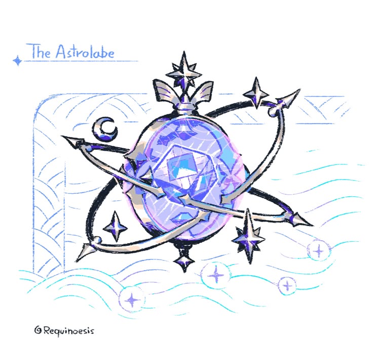 an illustration of a magicallooking astrolabe, titled "the astrolabe" at the top left, featuring a large purple crystalline orb surrounded by startipped rings, set against a backdrop of stylized waves and celestial elements like a crescent moon and floating starlike symbols. the artwork is signed "requinoesis" at the bottom left.