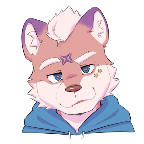 this is a digital drawing of a furry character. the character appears to be a fox with white, orange, and purple fur. the fox has a smug expression and is wearing a blue hoodie. there are three yellow stars on the right side of the fox's face. the drawing is a headshot, and the background is white. the art style is cartoonish and expressive.