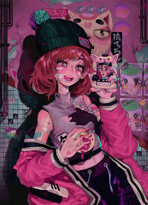 this is a digital art piece that illustrates a cute anime girl with pink hair in a pink jacket and a black and white beanie. she's holding a phone with a cute animated character and smiling. the background is filled with colorful stickers and graphics with pink as the dominant color. the art style is very colorful and graphic, with bold outlines and bright colors.