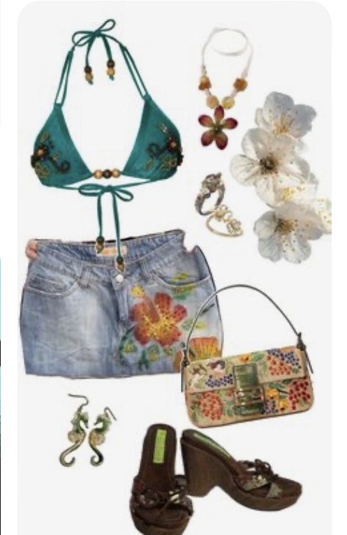 this image showcases a y2k fashioninspired outfit laid out against a white background. the outfit features a teal beaded bikini top paired with a denim skirt adorned with colorful floral embroidery. accessorizing the ensemble are a beaded necklace with flower accents, a matching ring, a brown handbag with floral embroidery, brown platform wedge sandals, and seahorseshaped earrings.