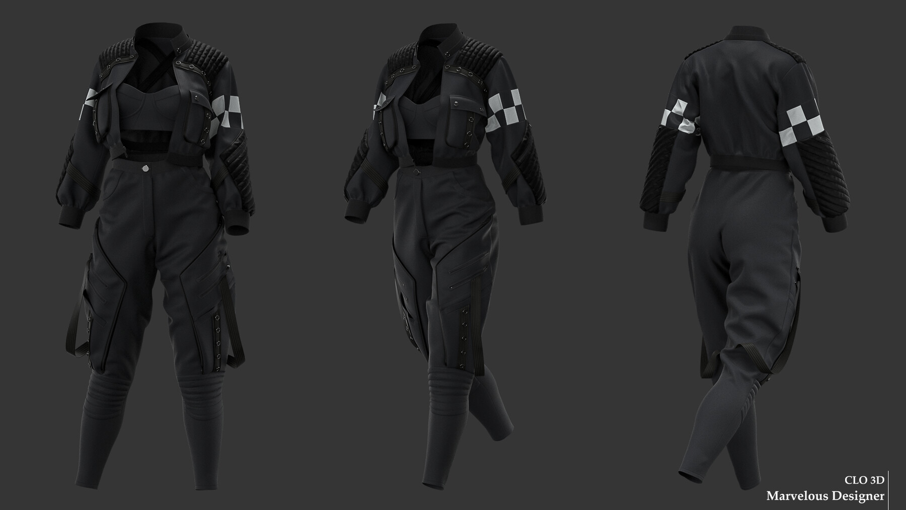 a 3d render of a black, stylish, futuristic jumpsuit on a female model. the jumpsuit has an intricate design, with detailed lines and stitching and has a cropped top portion. the model is posed in three different views, showing the detail and flow of the clothing. the model is rendered using clo3d and marvelous designer.