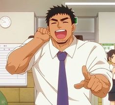 the image showcases an adult male anime character with short dark hair and a muscular build. he wears a white dress shirt, a purple tie, and likely dress pants.  he stands in what seems to be an office environment, evident by the whiteboard and clock on the wall behind him. he appears overjoyed and animated, expressing his excitement with a wideopen mouth, a clenched fist raised, and a pointing gesture. the overall lighting is bright, suggesting an indoor setting during the day.