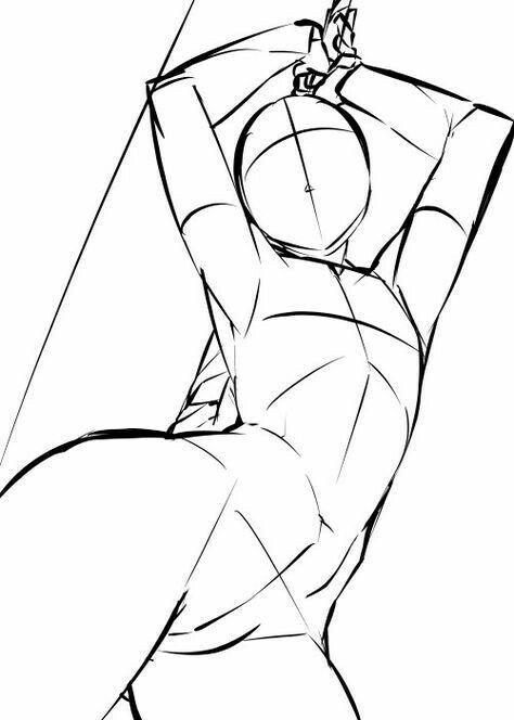this image is a figure drawing in line art style. it depicts a human figure in a dynamic pose, with arms raised above the head. the drawing is an anatomical sketch or outline, possibly used as a pose reference for artists. the figure is simplified, focusing on the gesture and form.