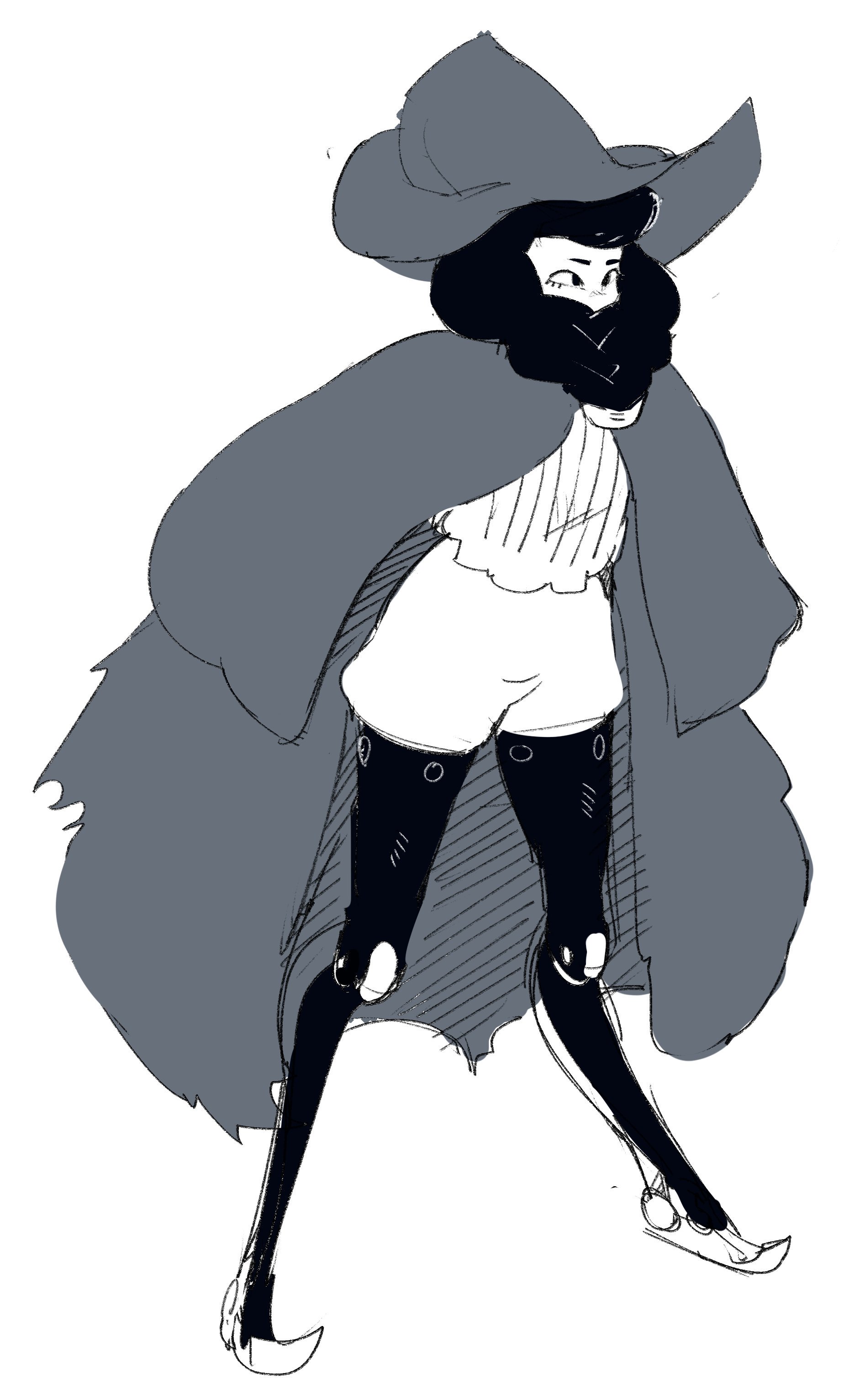 a line drawing of a witch wearing a large, dark cloak and a large, dark hat with a brim. the witch is standing with her legs slightly apart and her arms at her sides. the witch has a small, white bodice and black knee high boots with some detailing. the witch's face and hair are hidden by the cloak. the background is white.
