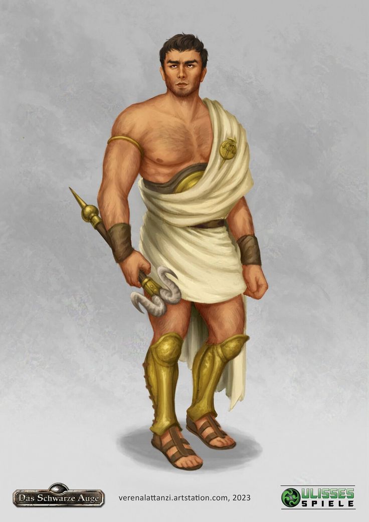 digital painting of a male fantasy character, possibly a greek or roman warrior. he is depicted from the knees up, standing against a neutral grey background.  he has tanned skin, short dark hair, and a muscular build.  he is wearing a white togalike garment, gold leg armor, sandals, and a golden chest piece.  he holds a spear with a ram's head at the end. the artwork is detailed and includes text indicating the artwork is related to the game "das schwarze auge" and the publisher "ulysses spiele".
