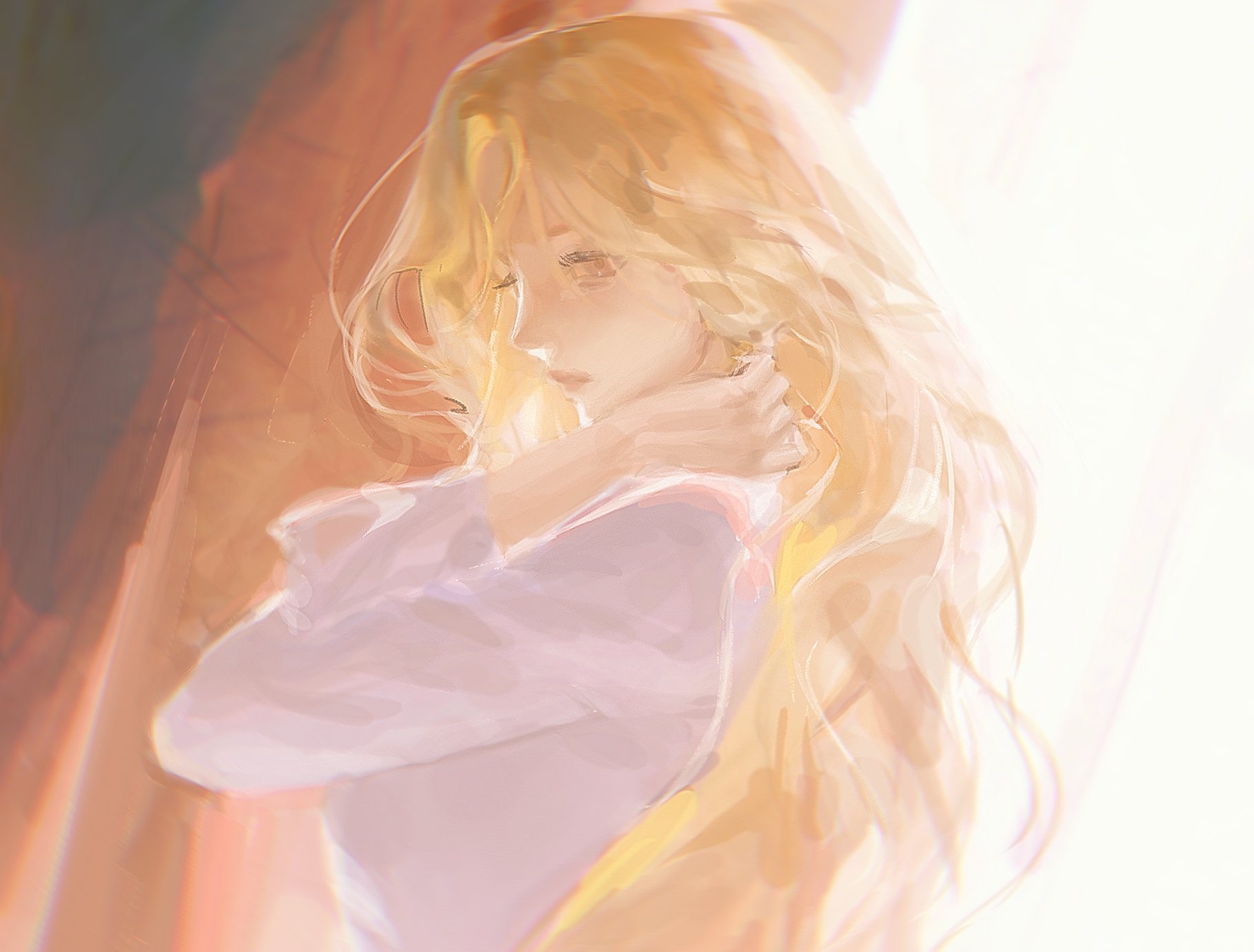 this is a digital painting of a girl with long blonde hair. she has closed eyes and is wearing a white top with a pink and purple accent.  she is standing in a sunny light and has a soft, gentle expression.