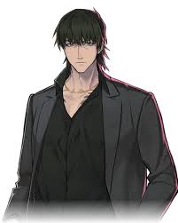 the image is of a male anime character, he has black hair and is wearing a black suit jacket with a black collared shirt underneath. he has a serious expression on his face and is looking towards the viewer.  his hair and clothing give him a mysterious and somewhat dark appearance.