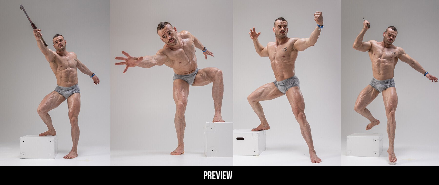 the image showcases four different poses of a muscular man in grey underwear. he is standing on a white box against a white background.  he is flexing his muscles and striking a variety of powerful poses, demonstrating his athletic physique.  the focus is on the human form and its potential for strength and beauty.