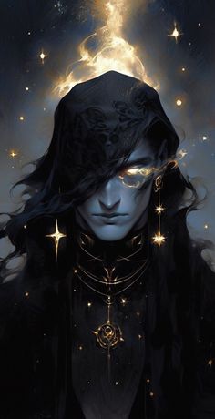 the image shows a closeup portrait of a man with an ethereal, celestial appearance. he has pale skin, sharp features, and glowing golden eyes. one eye is hidden by his dark, flowing hair, which seems to be touched by the starry night sky behind him. he wears an elaborate black hooded cloak with gold embellishments, and stars seem to dance around him. the lighting is dramatic, emphasizing his otherworldly nature.  the overall aesthetic suggests a character from a fantasy world, perhaps a powerful sorcerer or a celestial being.