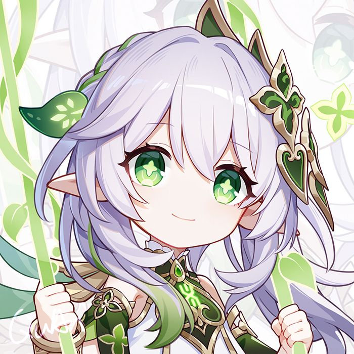 a cute, smiling anime girl with long, lavender hair, green eyes, and a green flower in her hair. she is wearing a white and green dress with green leaves and flowers decorating it. she appears to be holding a green staff or branch in each hand. the background is a soft, white and green color, with leaves and vines. she is a character from genshin impact.