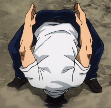the image shows a cartoon drawing of a man with black hair and a white shirt and blue pants, doing a backbend on the ground outside.