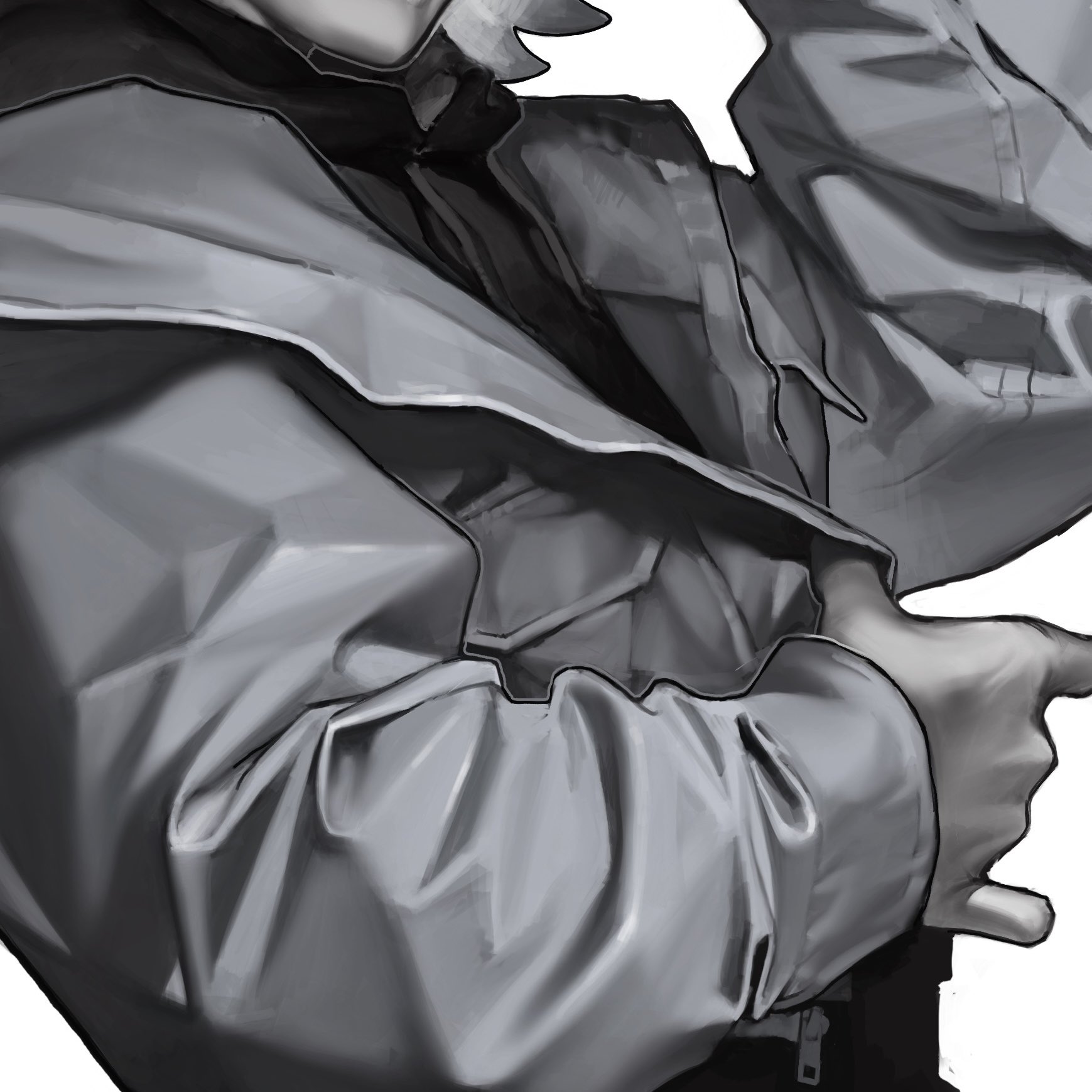 the image is a closeup, monochrome digital painting or illustration of a character's upper body and arms. the character is wearing a thick, textured jacket or coat with prominent folds and wrinkles in the fabric. the style is somewhat abstract, focusing on the texture and form of the clothing rather than precise details. the grayscale palette enhances the focus on the texture and the interplay of light and shadow. the character's hands are visible, and their pose suggests movement or action. the overall impression is one of dynamic form and strong texture.