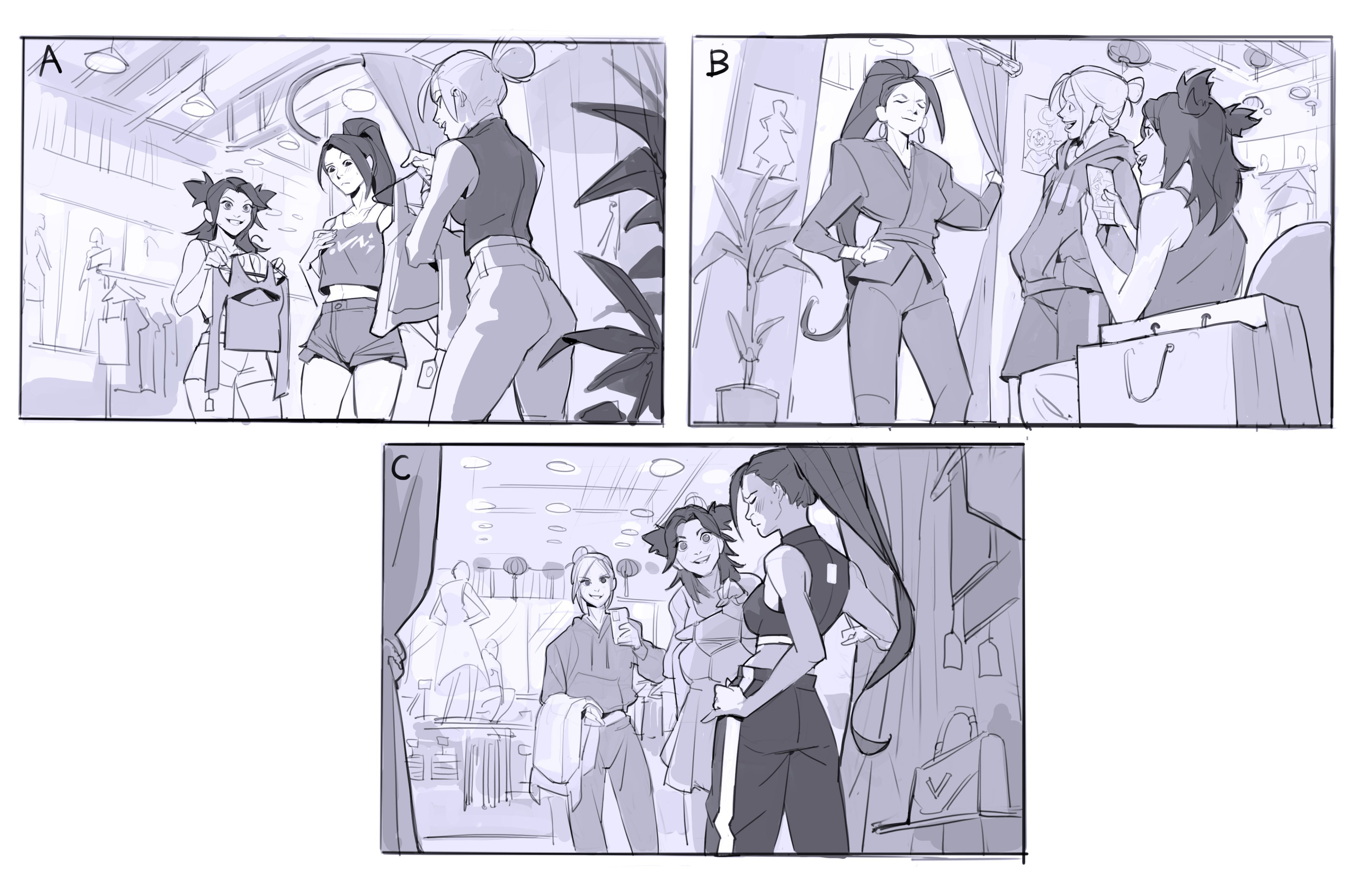 he image contains three panels, possibly from a storyboard or concept art for an anime or manga. each panel depicts a group of girls in a clothing store. panel a shows three girls looking at clothes. panel b shows three girls, one showing off a dress to the others. panel c shows three girls trying on clothes or showing off their outfits. the style is reminiscent of anime/manga character designs. the art style is loose and sketchy.  the overall feel is lighthearted and fashionable.