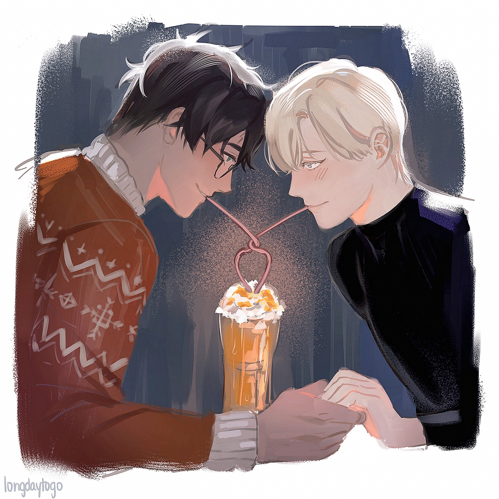 the illustration depicts two animestyle young men, intimately sharing a milkshake through two connected straws.  the man on the left is wearing a rustcolored, fair islepatterned sweater and glasses.  the man on the right has blonde hair and is wearing a black turtleneck.  they are holding hands, creating a romantic and tender atmosphere.  the setting appears to be dimly lit and cozy. the style is soft and pastel, typical of digital fan art. the image overall conveys a sense of affection and closeness between the two characters. the artist's signature, "longdaytogo," is visible in the bottom left corner.