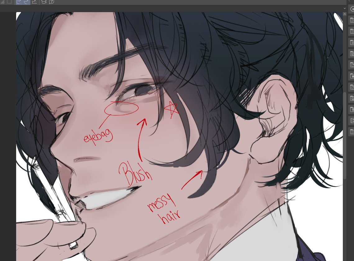 a closeup drawing of an anime male character's face. the character has black hair, dark eyes, and a slight blush on his cheeks. there are annotations pointing out the eyebag, blush, and messy hair.