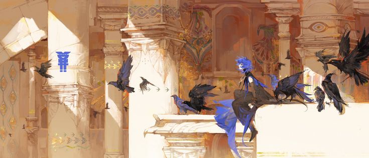 the image is a digital painting in an anime style, depicting a young girl with vibrant blue hair, dressed in dark clothing with a long blue cape or shawl, sitting amidst a flock of crows and ravens. she's positioned in a setting of decaying, yet ornate, ancient architecture. sunlight streams into the scene, highlighting the architectural details and the birds around her. the overall mood is one of serene mystery, with the girl seemingly at peace in her surroundings, suggesting a fantasy or mystical theme. the level of detail in both the character and the background is impressive.