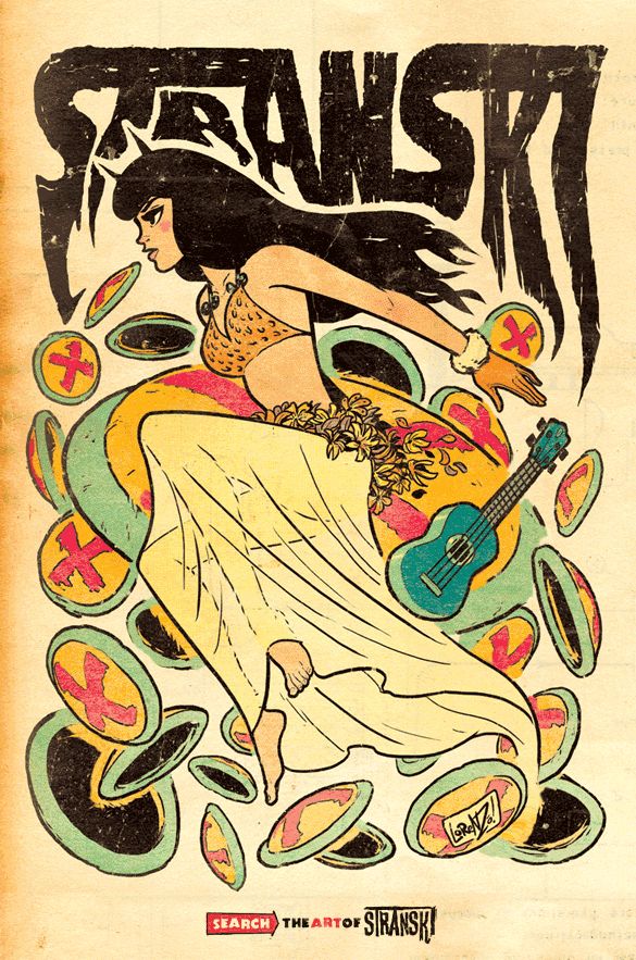 the image is a vintagestyle illustration featuring a pinup style woman in a flowing dress, dancing amidst floating coins and a ukulele. above her is the artist's name, "stranski," in bold, stylized letters. below, there's a tagline that reads "search: the art of stranski." the artwork has a retro comic book aesthetic, with distinct linework and a slightly aged, textured appearance. the color palette includes yellow, green, pink, and black. the woman is drawn in a stylized fashion, indicative of a pinup art style.