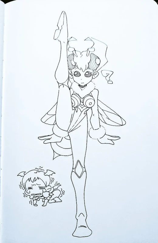 a black and white line art drawing of a young female anime character with bee wings. she has her leg raised in the air, suggesting that she is in midair and about to land. the character has large eyes and her hair is pulled back in a bun, she is wearing a dress or leotard. in the bottom left corner, there is a smaller character, a young girl with large eyes and a scared expression.