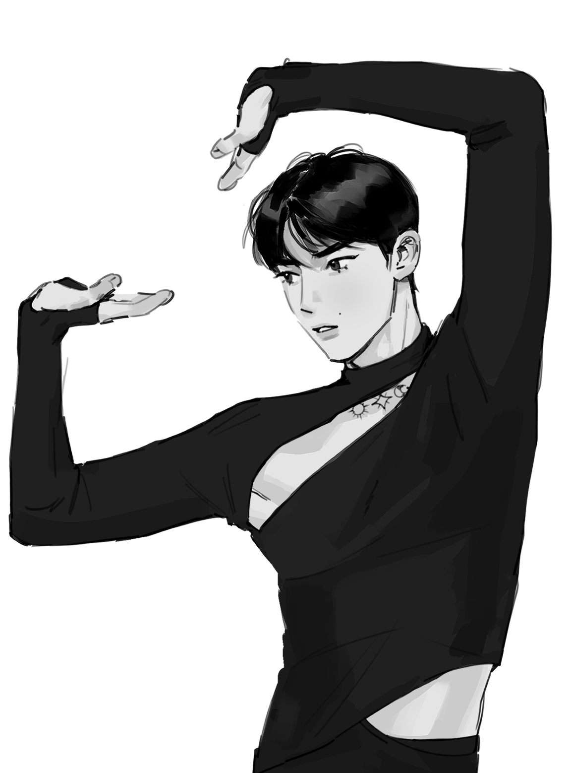 a black and white sketch of a young man in a stylish and revealing outfit. he appears to be a kpop idol striking a dance pose against a plain white background. the drawing emphasizes his physique and fashion with soft lighting.