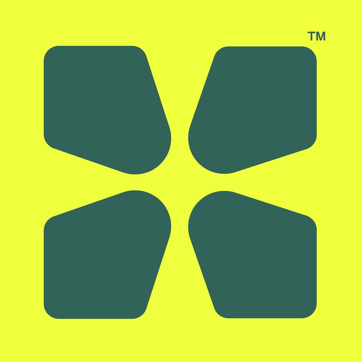 this is a logo of four rounded corner squares arranged in a cross formation on a yellow background.  each quadrant has a smaller square removed from its respective corner.  the squares are dark teal and the negative space between them is the same color as the background.  the top right corner has "tm" indicating a trademark.