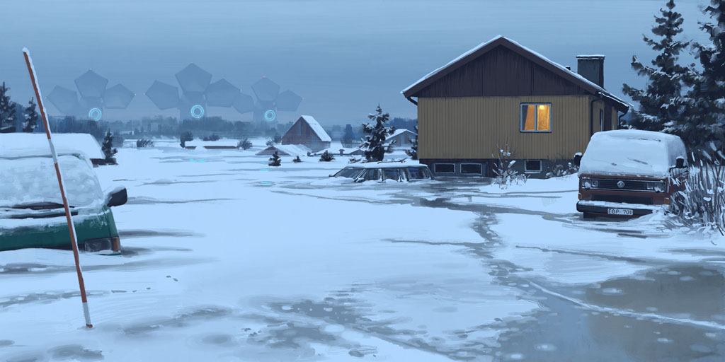 a snowy, quiet suburban street in a town, perhaps a village or a small rural community. the street is empty except for a few parked cars, one of which is covered in snow. a van is parked in front of a house, its headlights on, adding a bit of warmth to the cold scene. the houses are all old and weathered, with windows that are dark and empty. the trees are bare and covered in snow, and the ground is frozen and covered in ice. the sky is overcast and the air is thick with snow, giving the scene a cold, desolate feel. the scene feels like it is after a heavy snowstorm and there is still no one around. the only sign of life is the light from the van's headlights, which illuminate a small patch of snow. the scene is eerie and a bit unsettling. there are a few unidentified flying objects hovering over the town, leaving a faint glowing trail. the scene is very strange, and the flying objects are uncharacteristic of a suburban street.