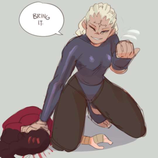 an anime styled drawing of a woman with blonde hair and a purple leotard, who is kneeling with her right hand raised in a clenched fist, looks down at a person on the ground, with a serious expression, and a thought bubble above her head that says "bring it".